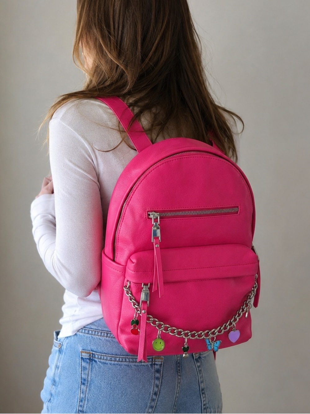 Pink Backpack with Chain Detail